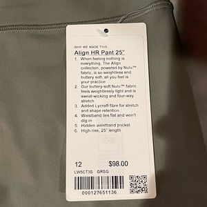 Lululemon Align High Rise 25”. Size 12. Brand new with tags. Smoke free home.